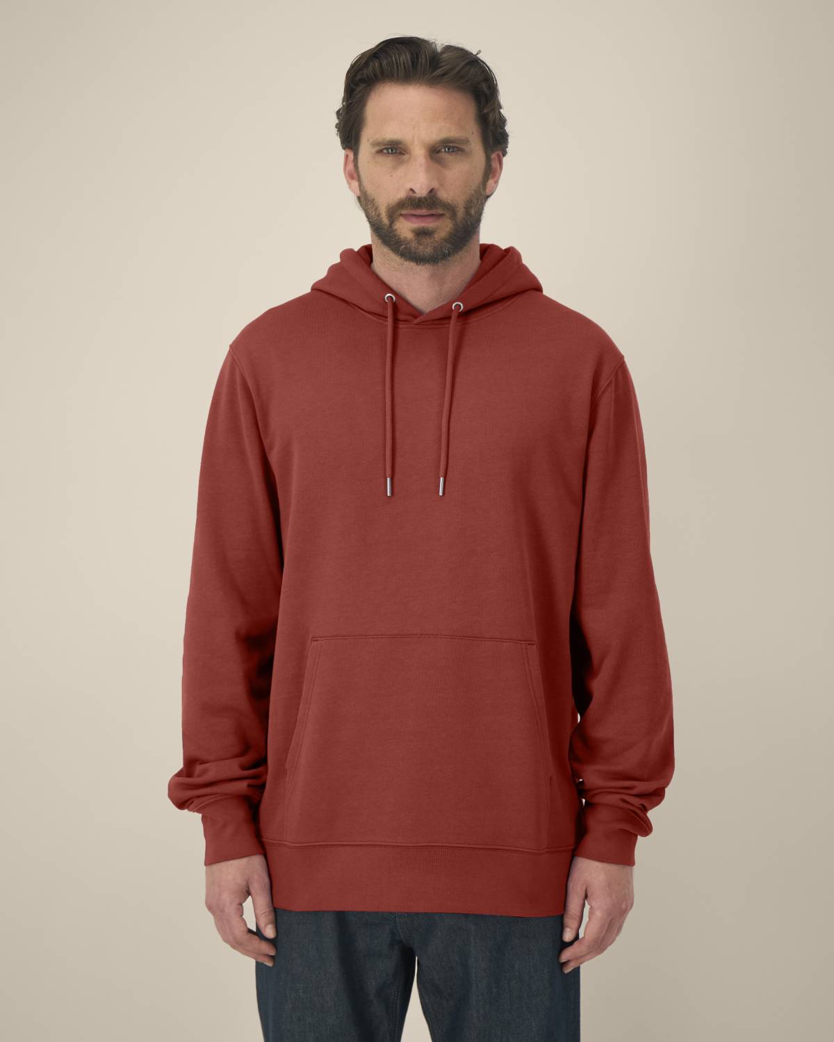 The Ashford Hoodie red hoodie on male model straight view