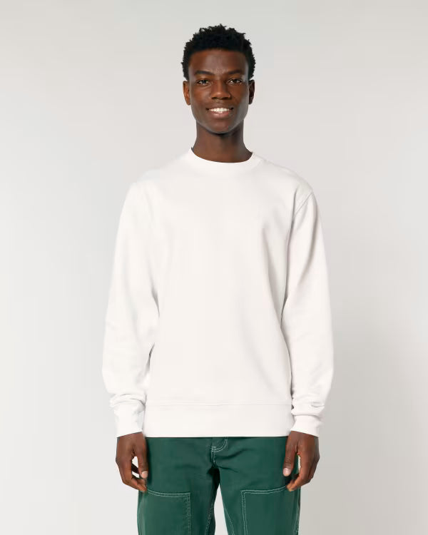 classic white unisex crewneck sweatshirt on model, relaxed fit