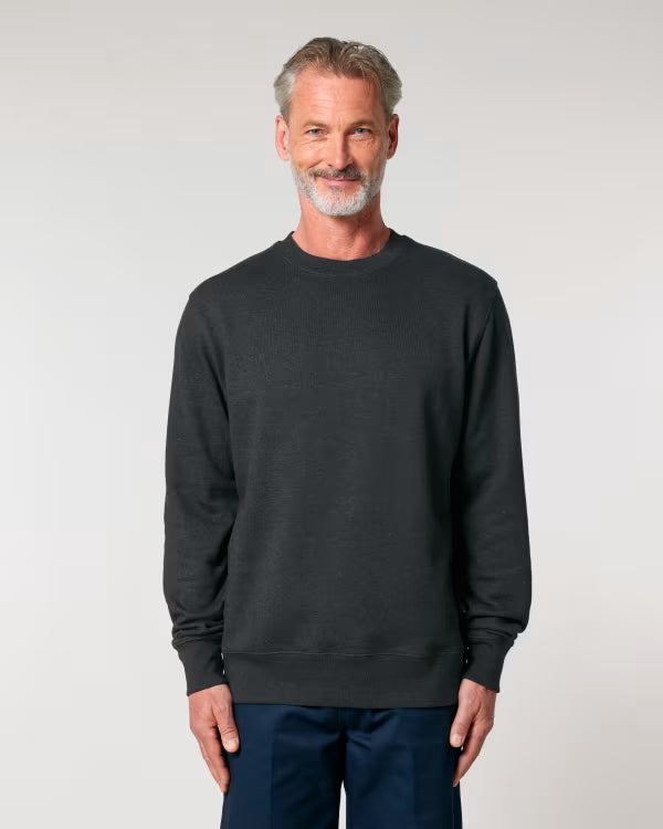 dark charcoal unisex sweatshirt on model, relaxed fit
