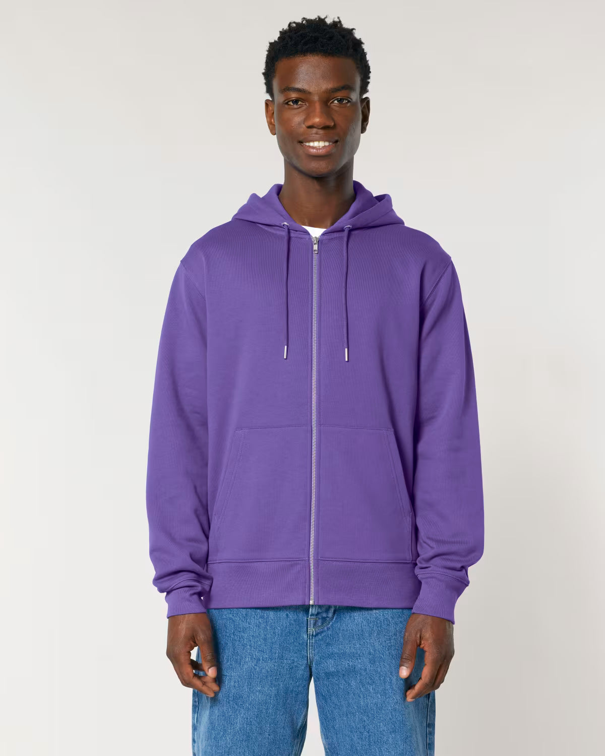 Person cotton wearing a purple hoodie on a white background