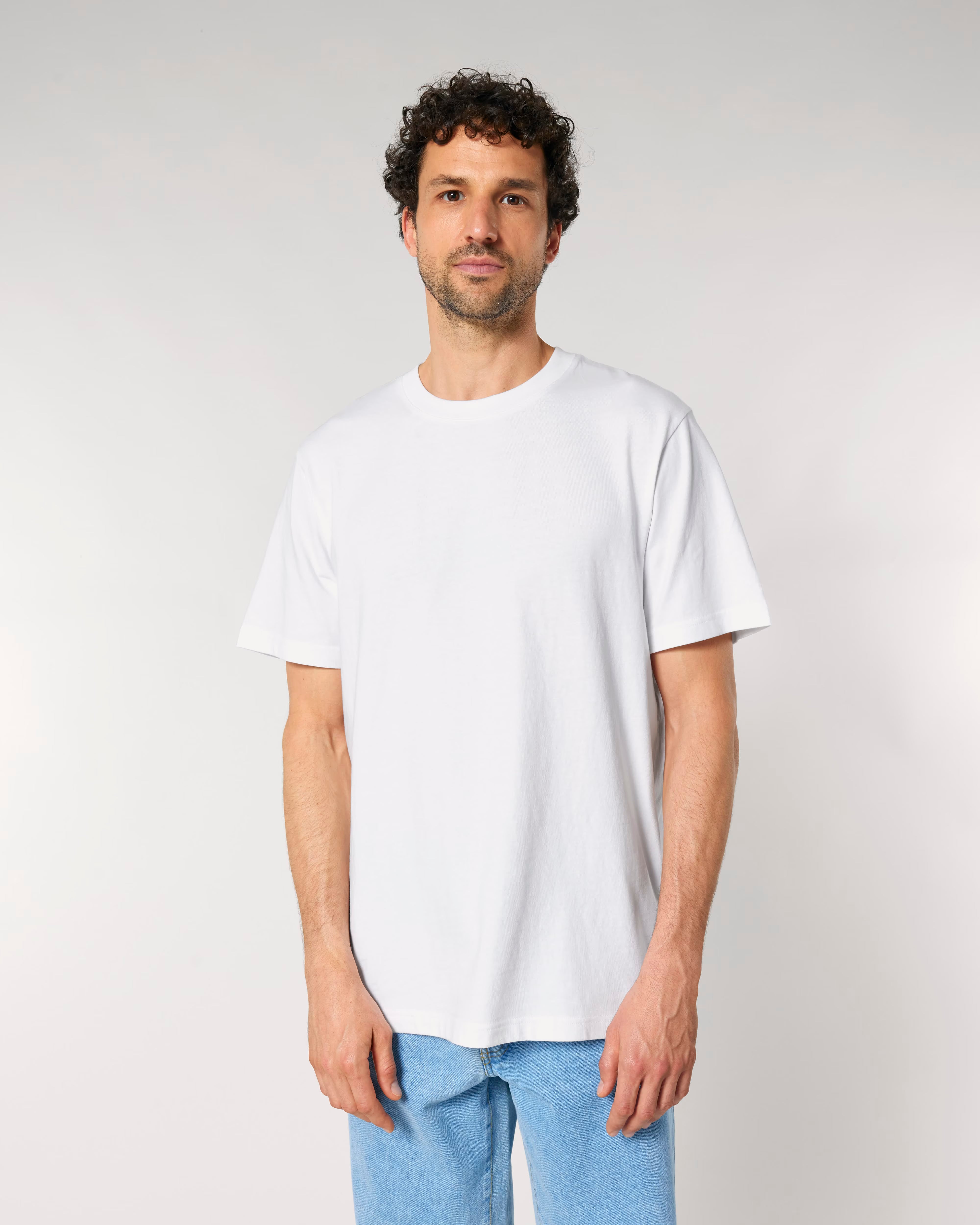 white unisex cotton t-shirt on model, relaxed fit