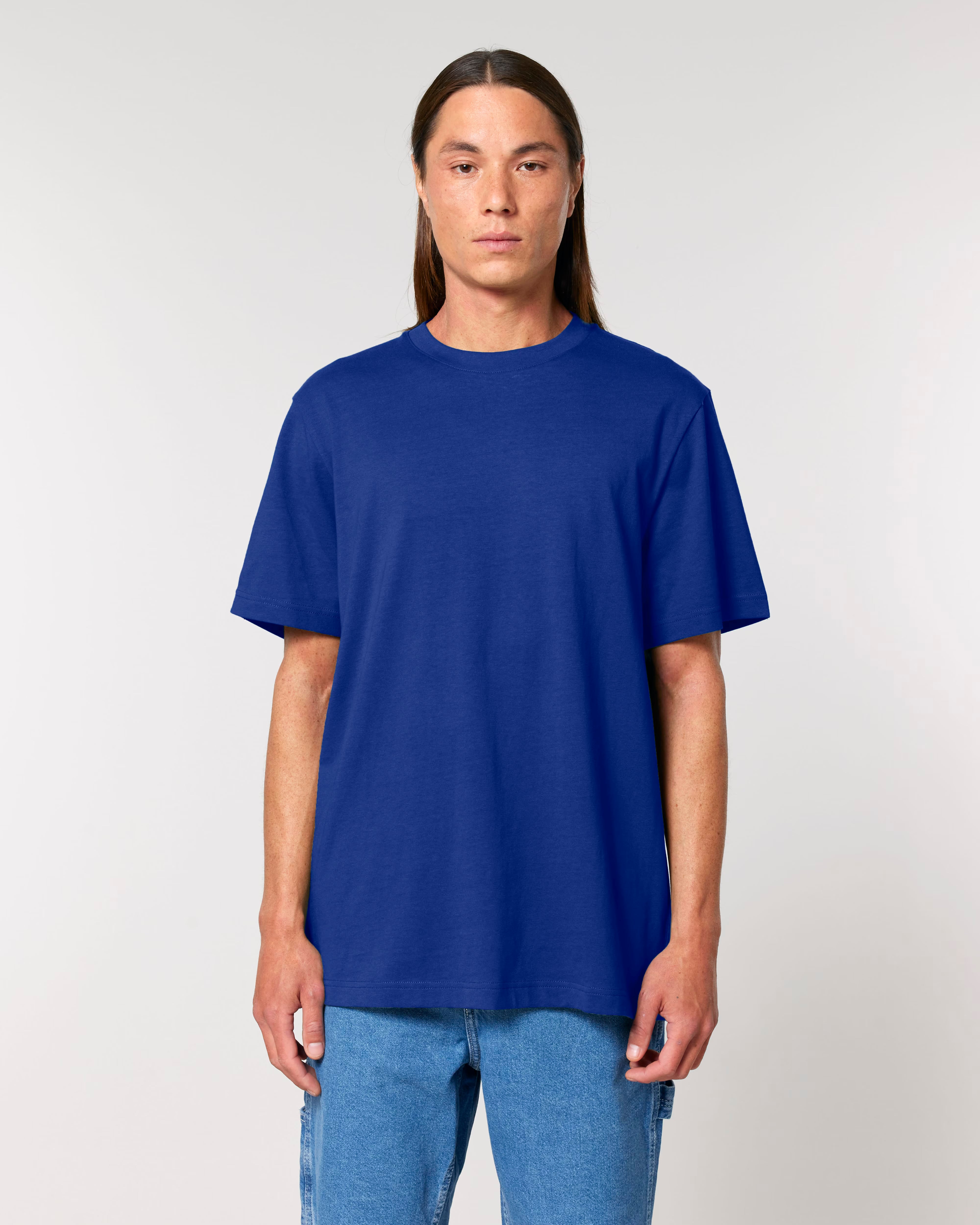 royal blue unisex cotton t-shirt on model, relaxed fit sustainable basic
