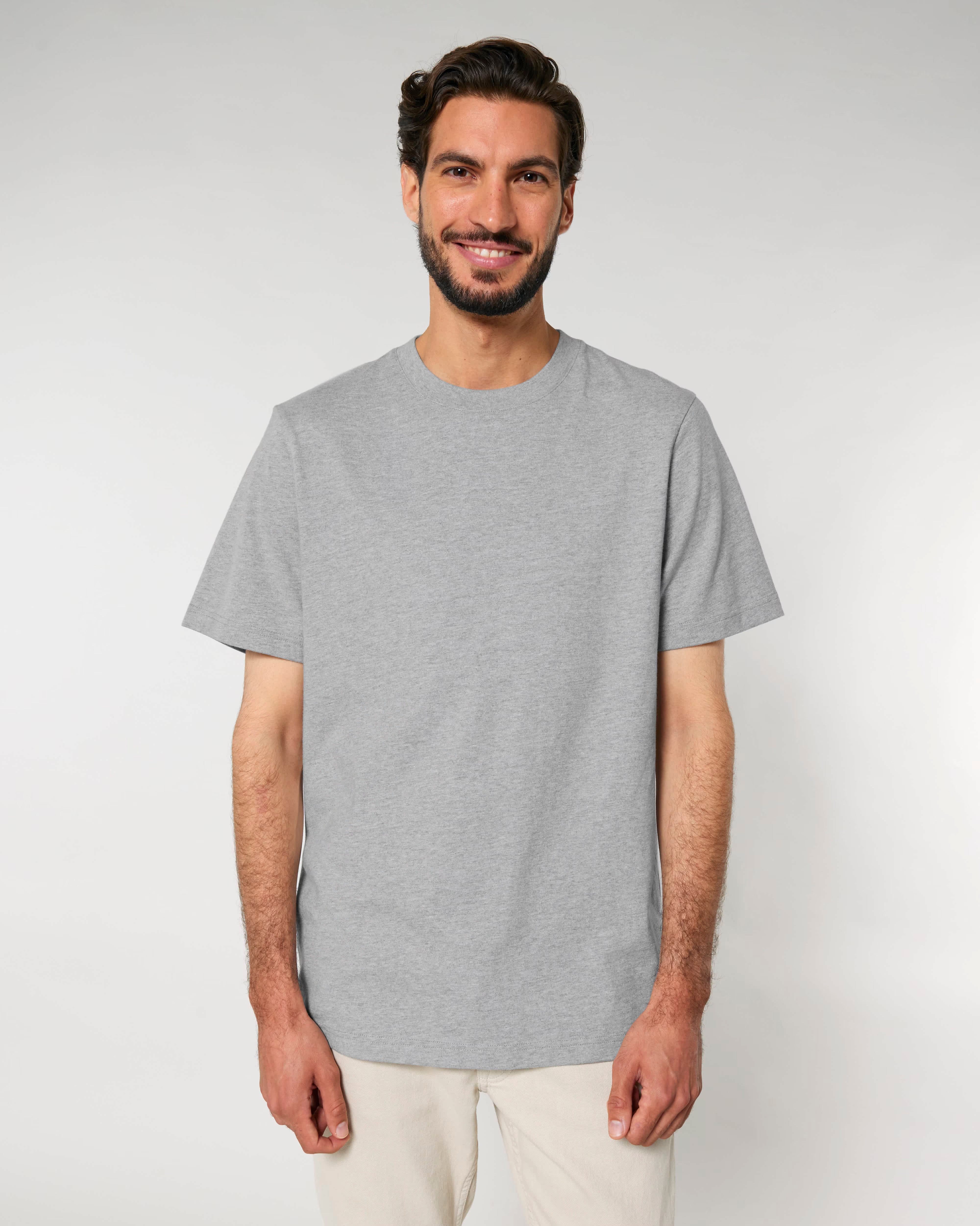 light grey unisex cotton t-shirt on model, relaxed fit