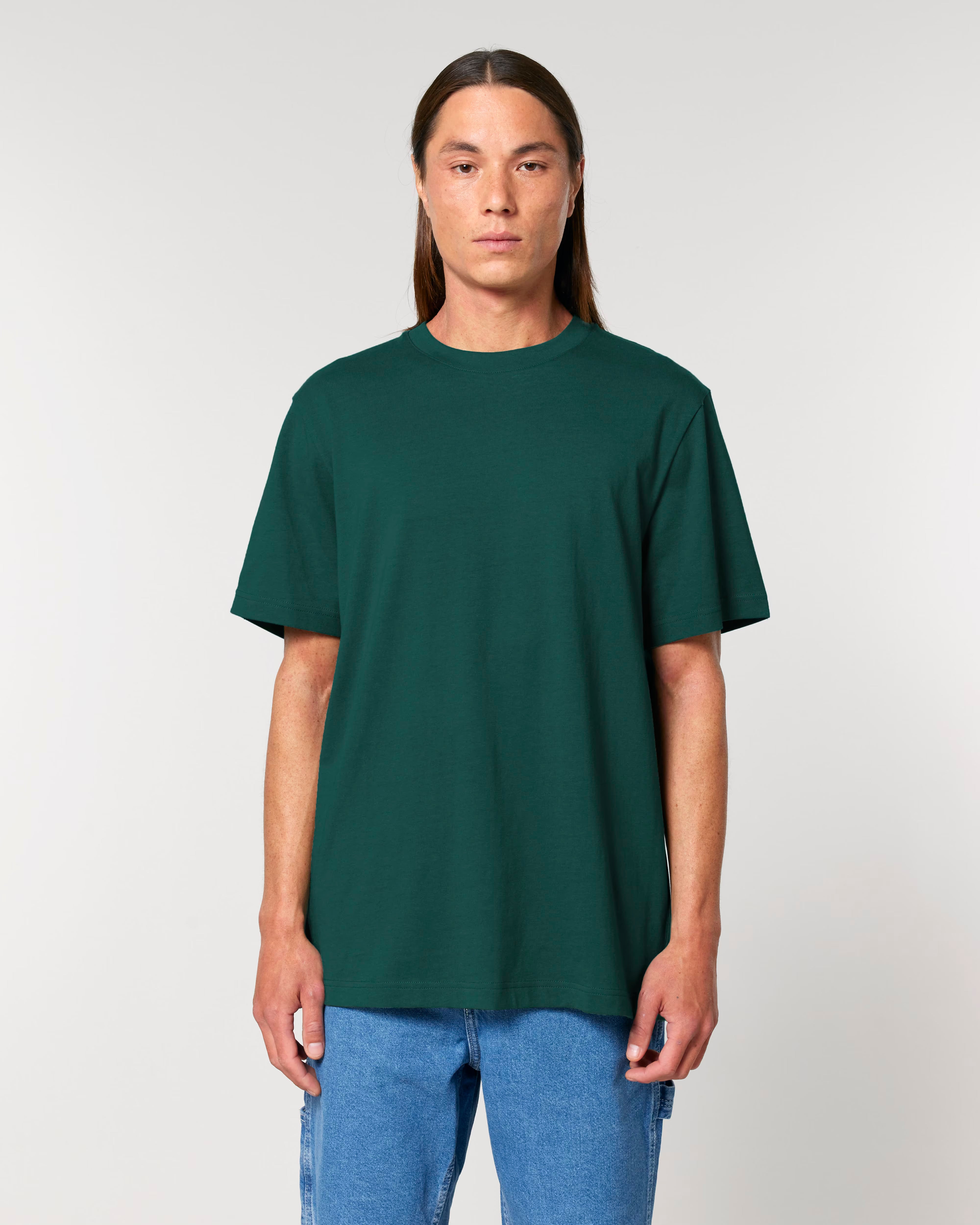 teal blue unisex cotton t-shirt on model, relaxed fit sustainable fashion