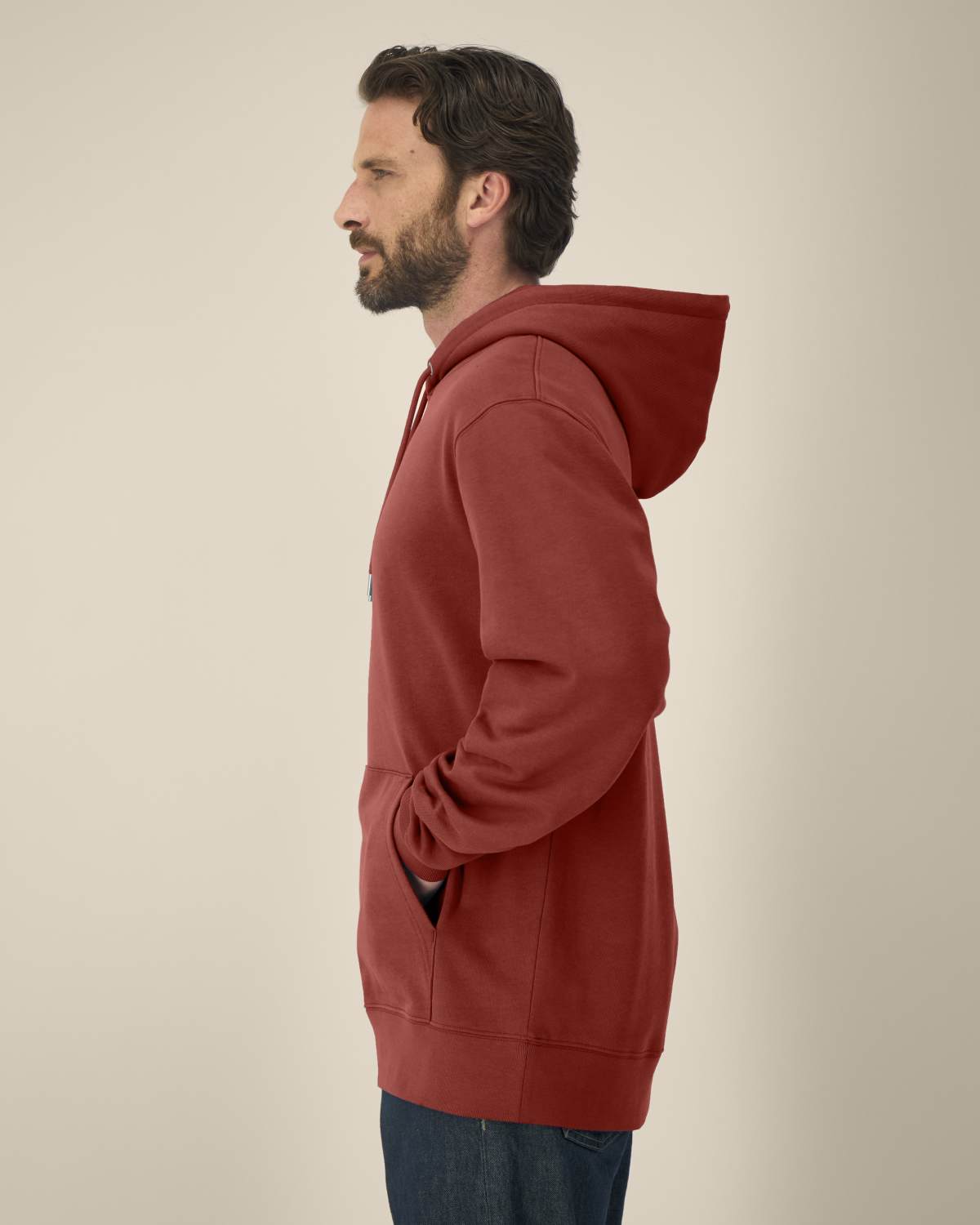 The Ashford Hoodie red hoodie side profile on male model