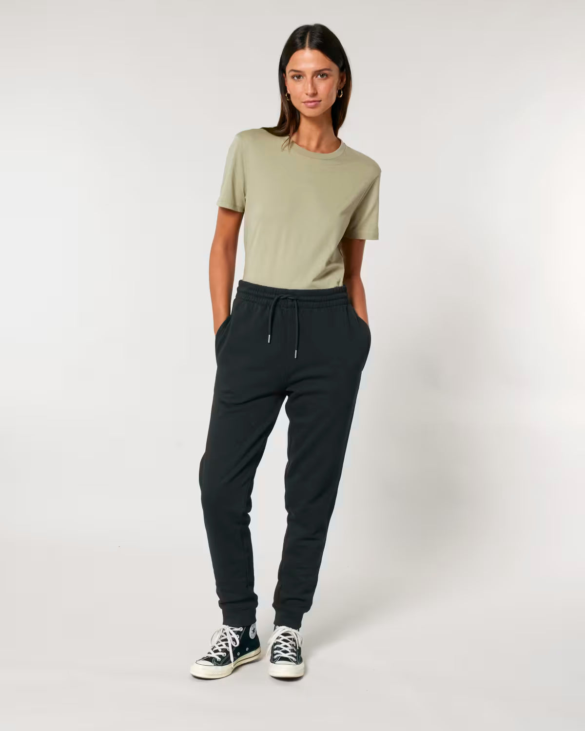 women’s green jogger pants front view on model, sustainable cotton custom apparel