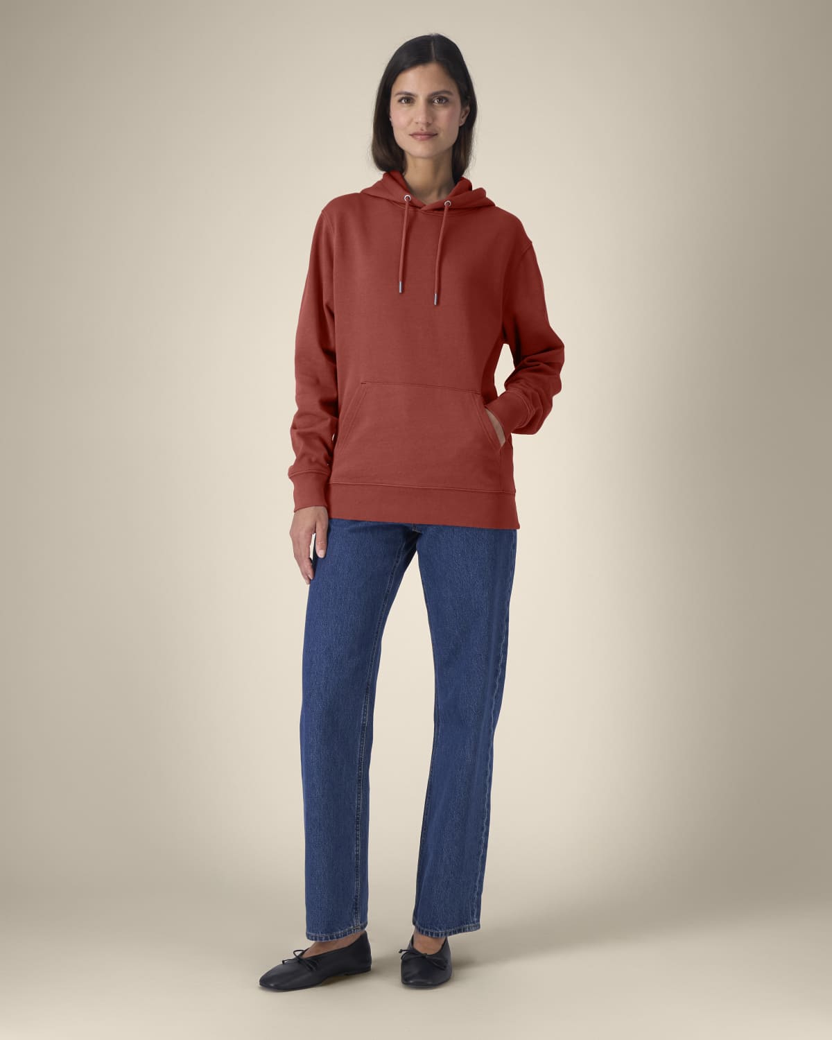 The Ashford Hoodie red heavyweight hoodie worn by female model