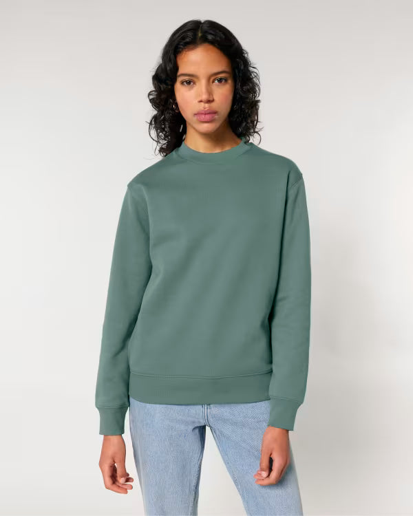 dusty teal unisex crewneck sweatshirt on model, relaxed fit