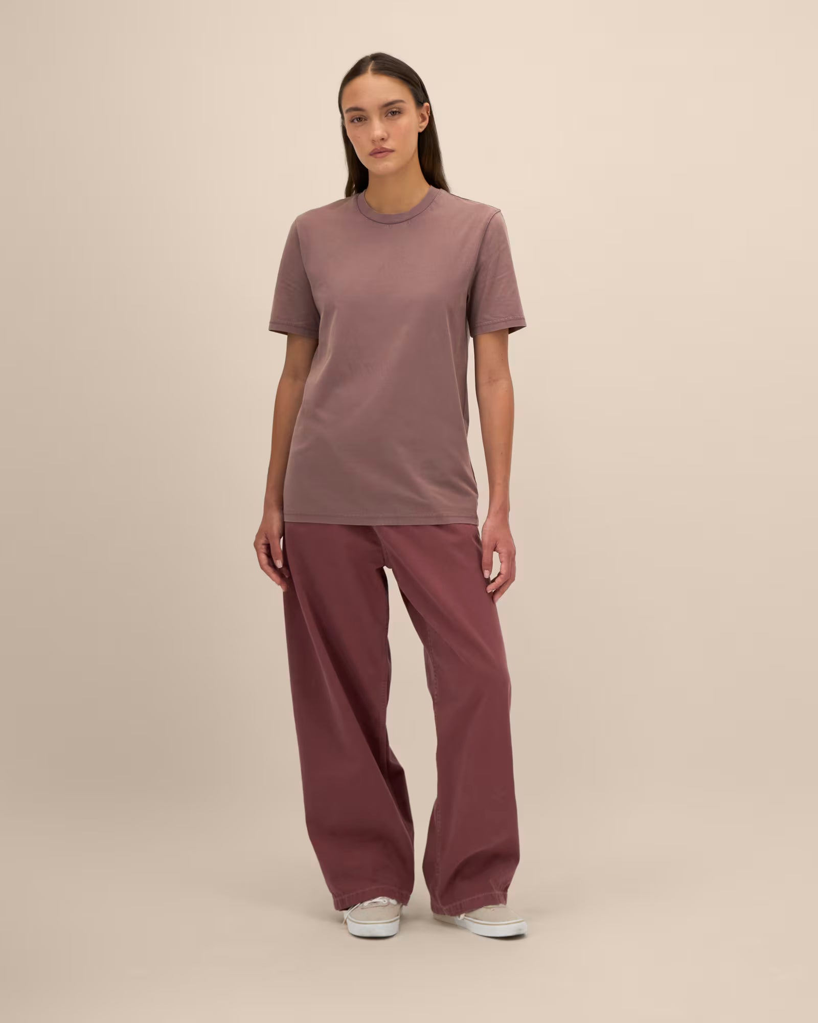 dusty rose unisex cotton t-shirt on model