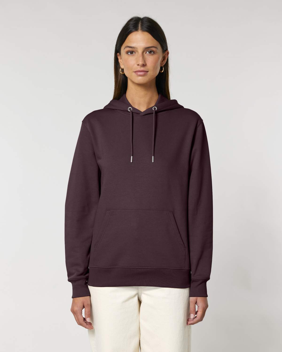 The Ashford Hoodie burgundy hoodie worn by female model