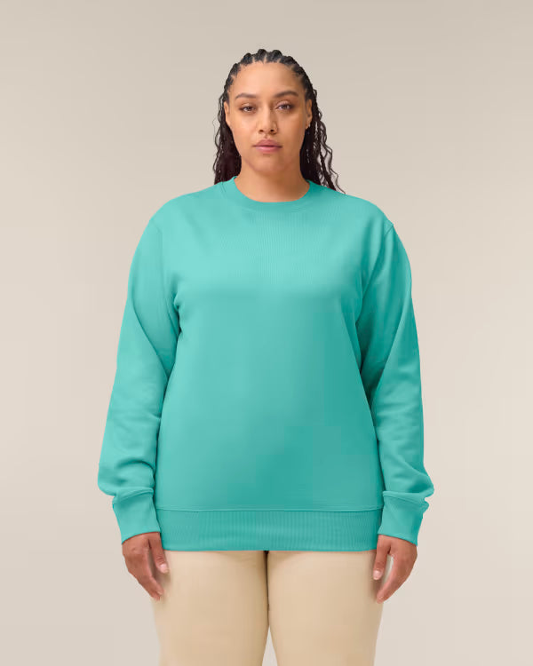 pastel mint unisex crewneck sweatshirt on model, relaxed fit
