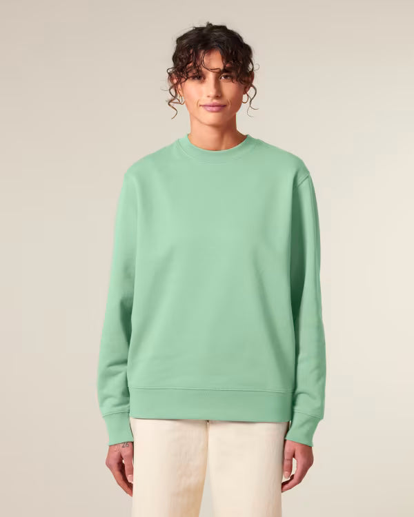 mint green unisex crewneck sweatshirt on model, relaxed fit