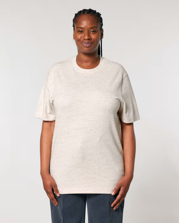 man wearing natural beige oversized cotton t-shirt, sustainable unisex fashion
