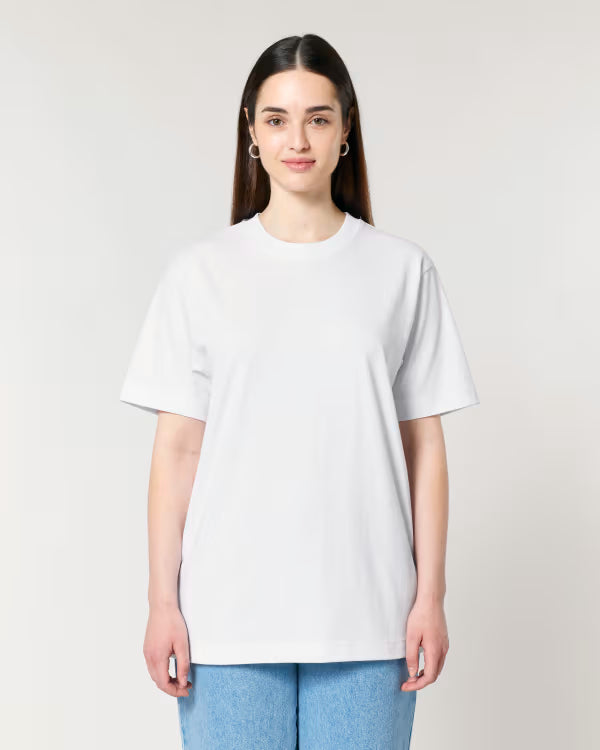 white unisex cotton t-shirt on model, relaxed fit