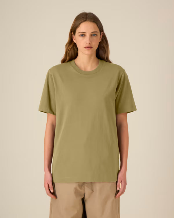 olive green unisex cotton t-shirt on model, front view