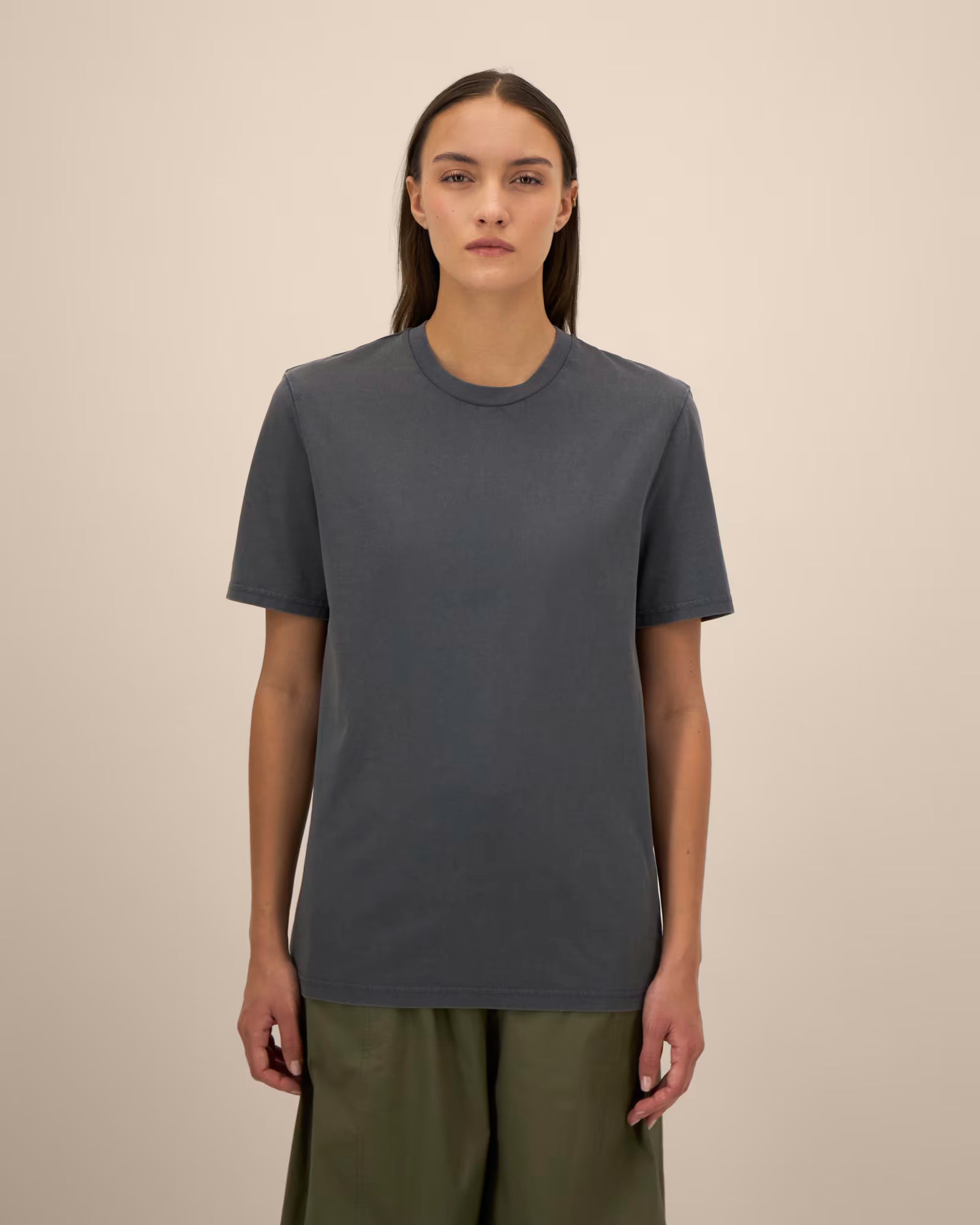 charcoal grey unisex cotton t-shirt on model