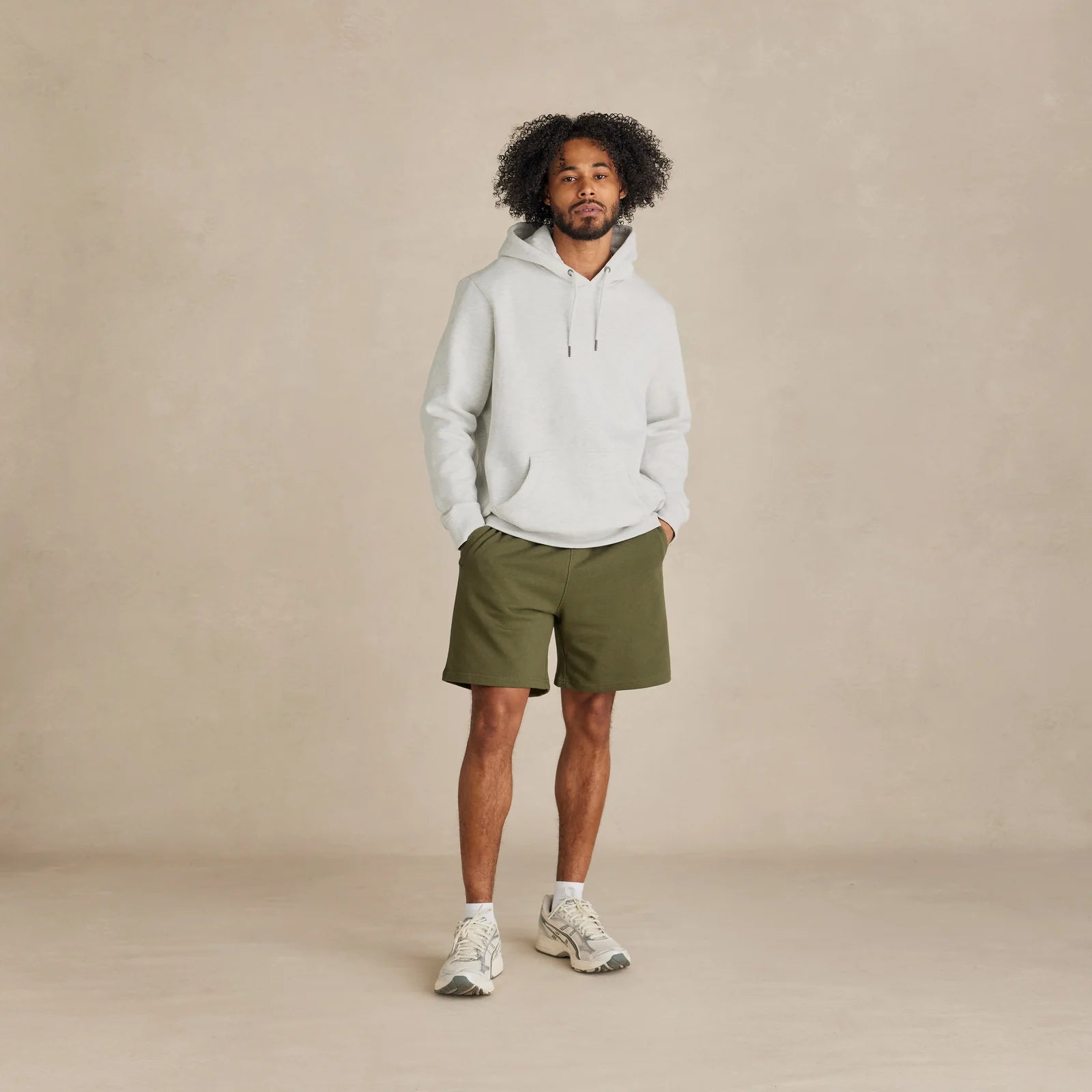 EMERCYN Essential Hoodie – ff white milk tone unisex men’s premium cotton hoodie styled on male model