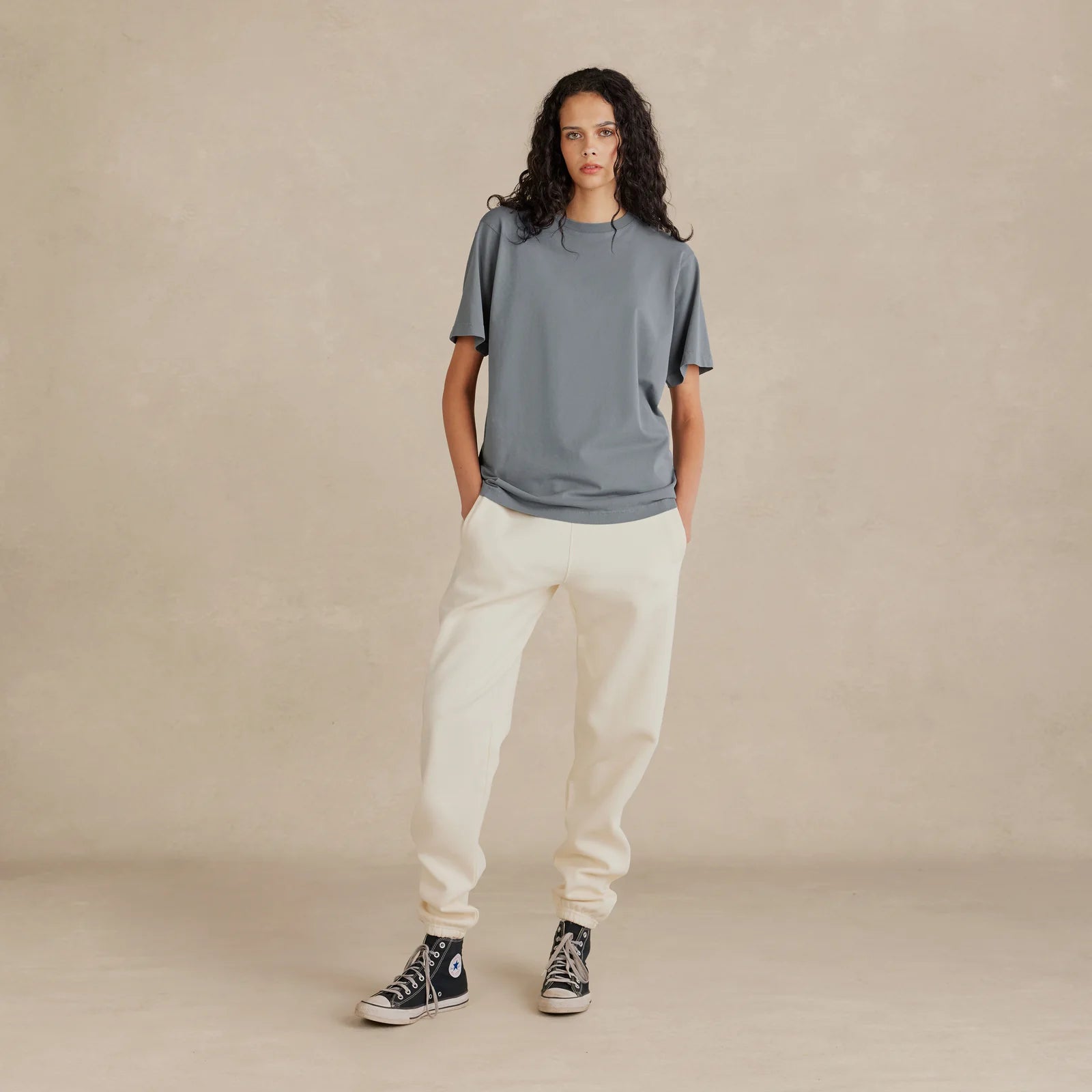 The Easy Fit Tee light grey t-shirt worn by male model front view