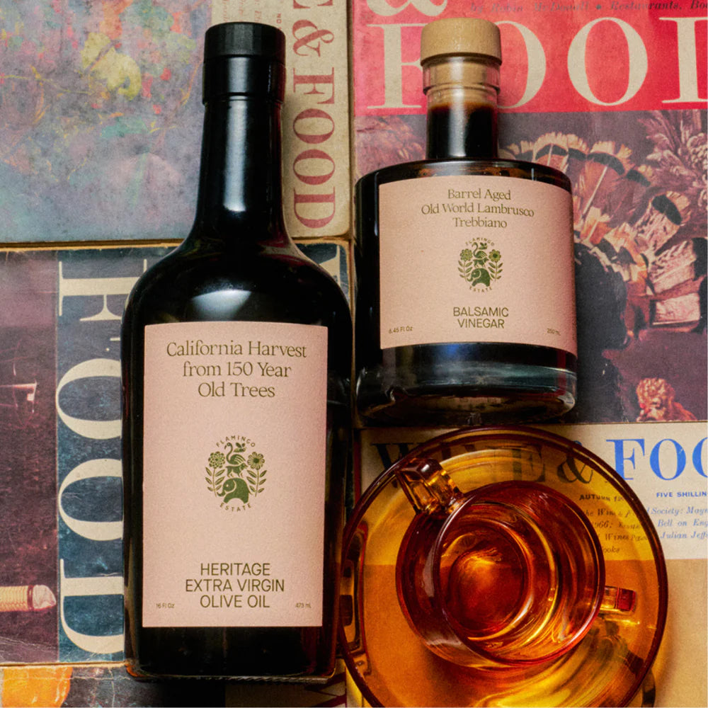 Flamingo Estate olive oil and citrus flat lay, luxury extra virgin olive oil presentation