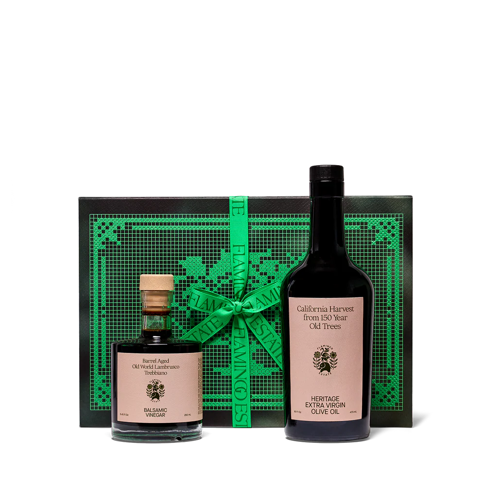 Flamingo Estate holiday olive oil bottle styling, luxury festive gourmet gift