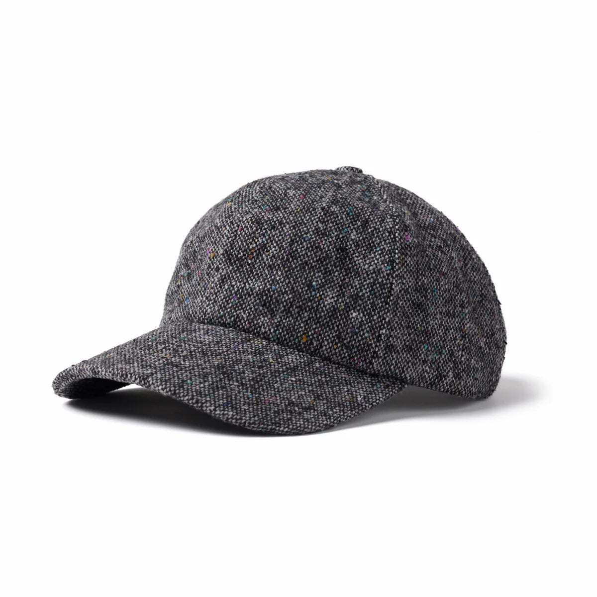 Grey wool 6-panel baseball cap with textured fabric and curved brim, close-up product view on white background