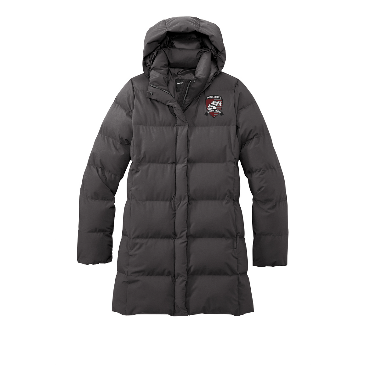 A dark gray hooded puffer coat with horizontal quilting, shown against a plain white background. A small embroidered patch is visible on the left chest.