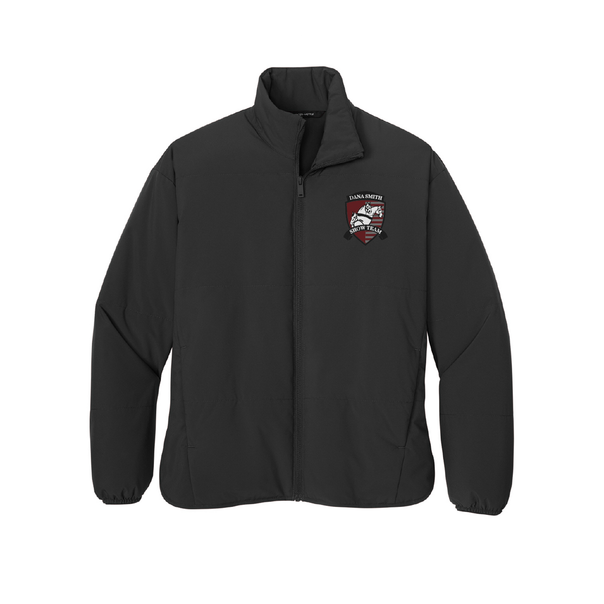A black full-zip jacket with a stand-up collar, featuring a custom 'Sparta North' shield patch on the left chest, displayed on a clean white background.