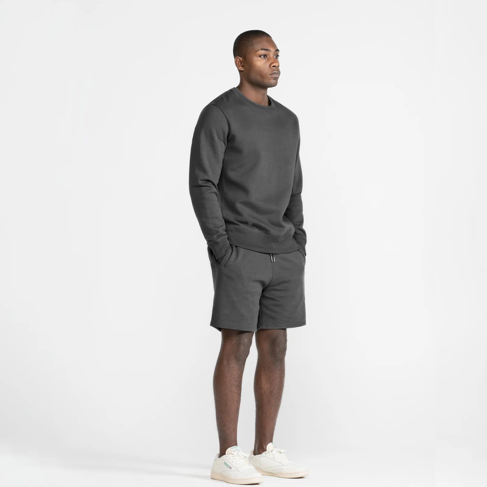 EMERCYN Essential Crewneck – slate grey unisex premium cotton sweatshirt worn by model