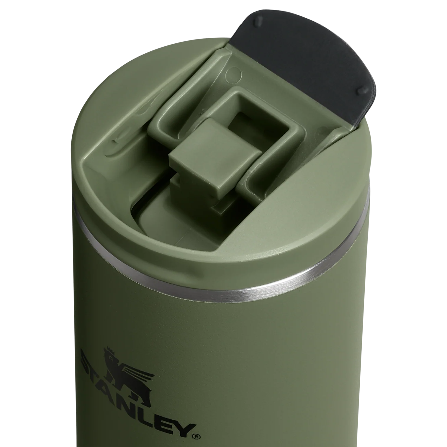 Green Stanley insulated mug with black lid on a white background