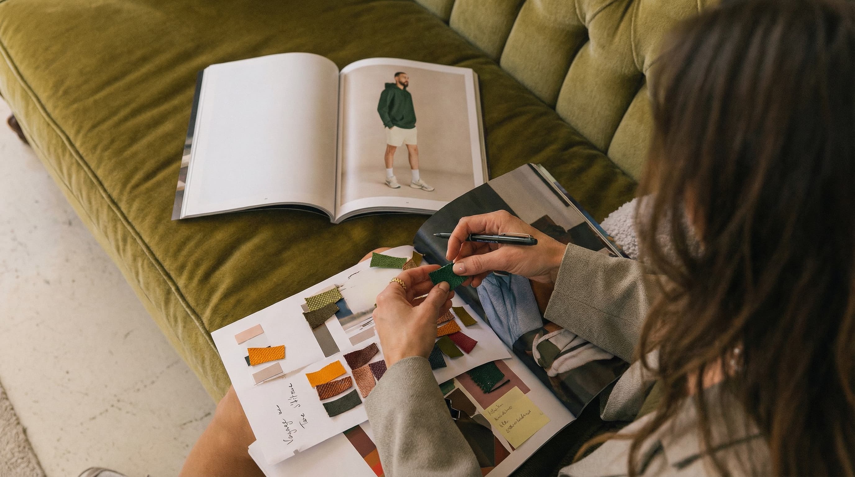 Person sitting on a green couch with design books and notes.