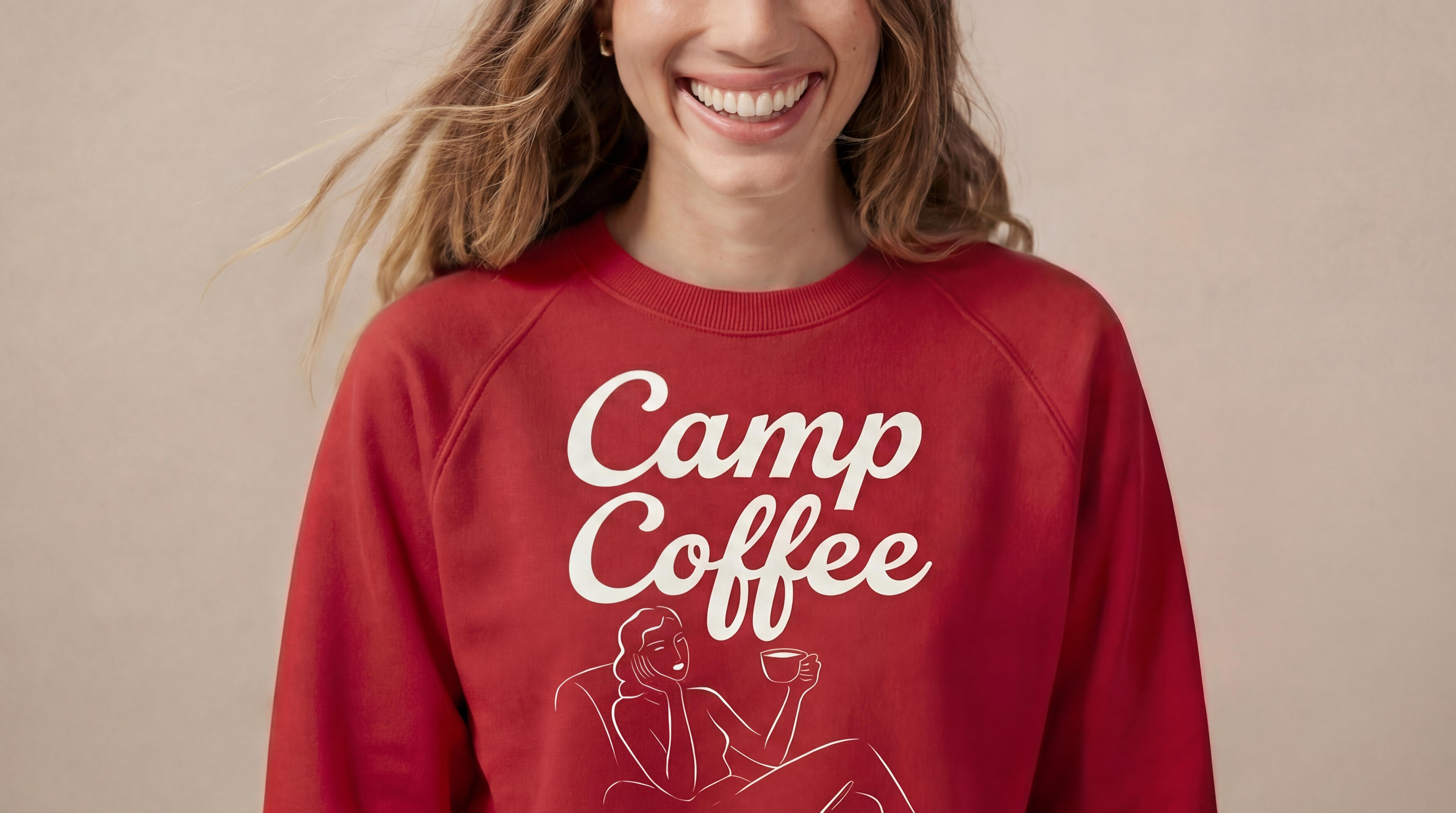 custom printed red sweatshirt with logo design, organic cotton branded merch for coffee shop or lifestyle brand