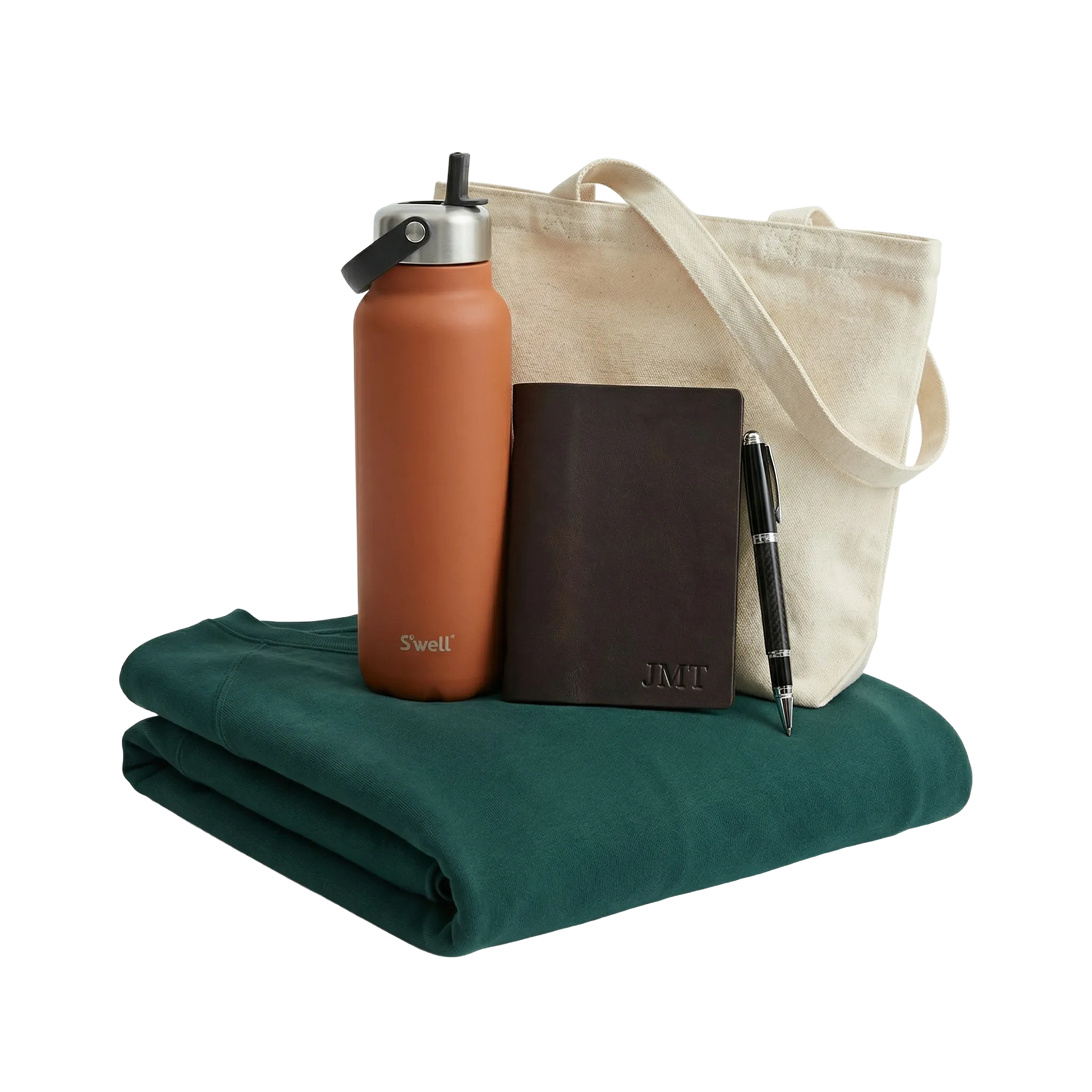 Set of items including a water bottle, notebook, pen, and towel on a white background ideal for customization and printing