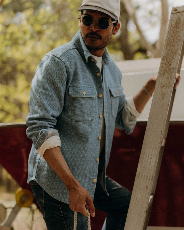Men’s indigo work shirt styled outdoors