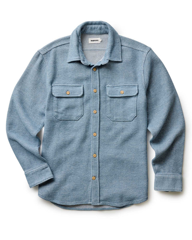 Indigo blue men’s button up work shirt front view