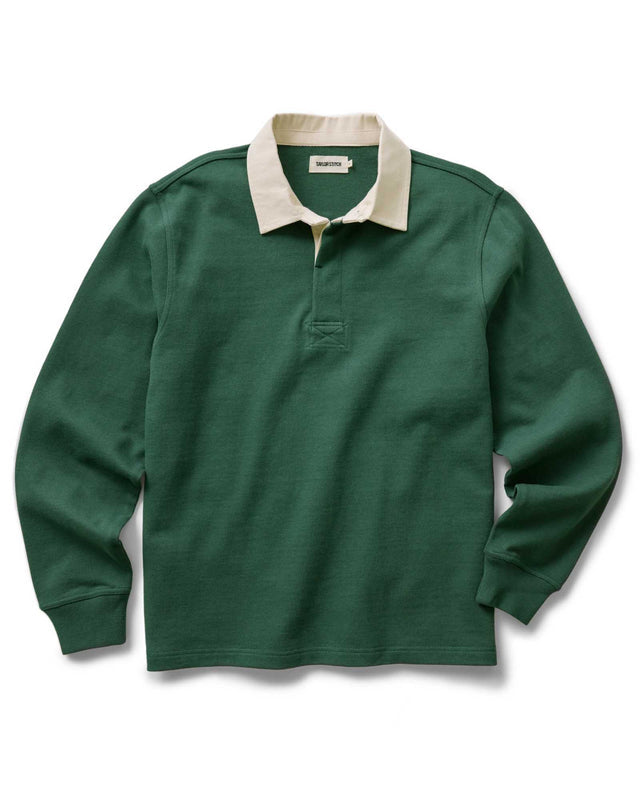 Green men’s long sleeve rugby shirt with white collar front view