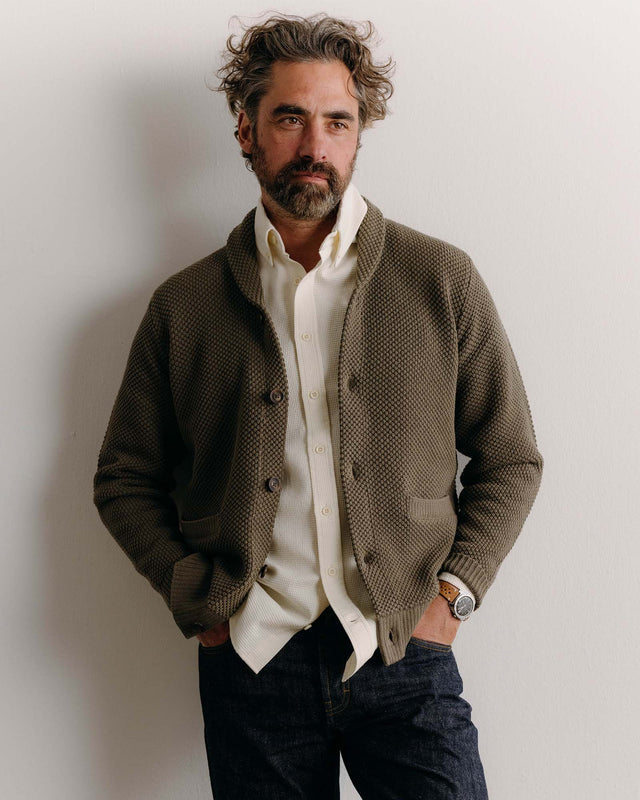 Olive green men’s shawl collar cardigan sweater in cotton with button closure